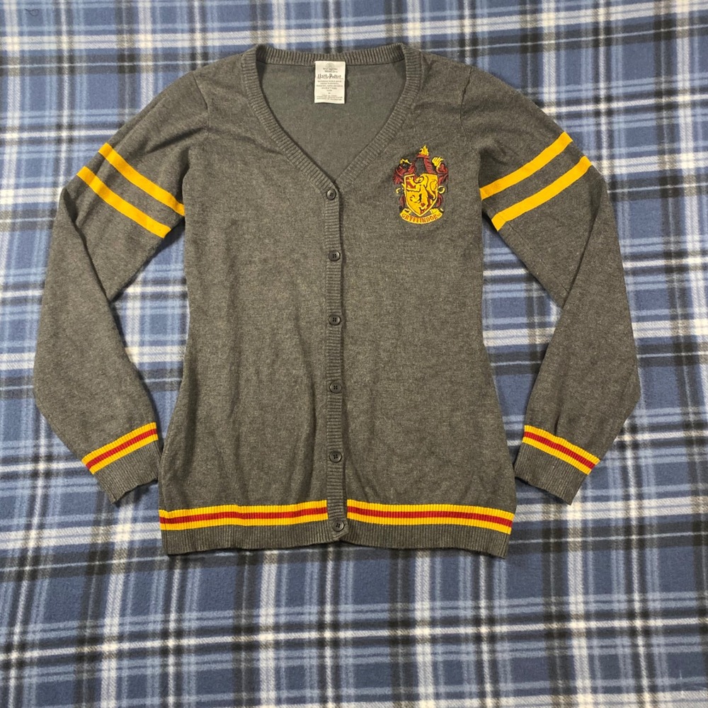 Harry Potter Gryffindor Cardigan Sweater Gray Yellow Red Stripe Crest Womens M